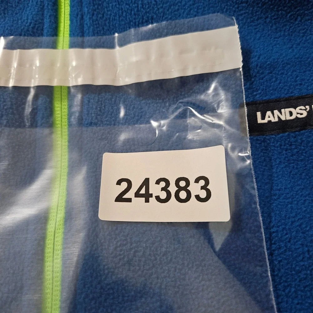 Lands End Mens Blue Grid Fleece Full Zip Jacket Lime Green Trim Large 42-44